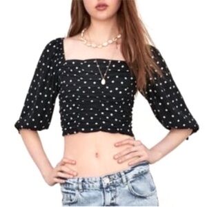 Zara Polkadot Square Neck Puff Sleeves Cropped Coquette Top Small